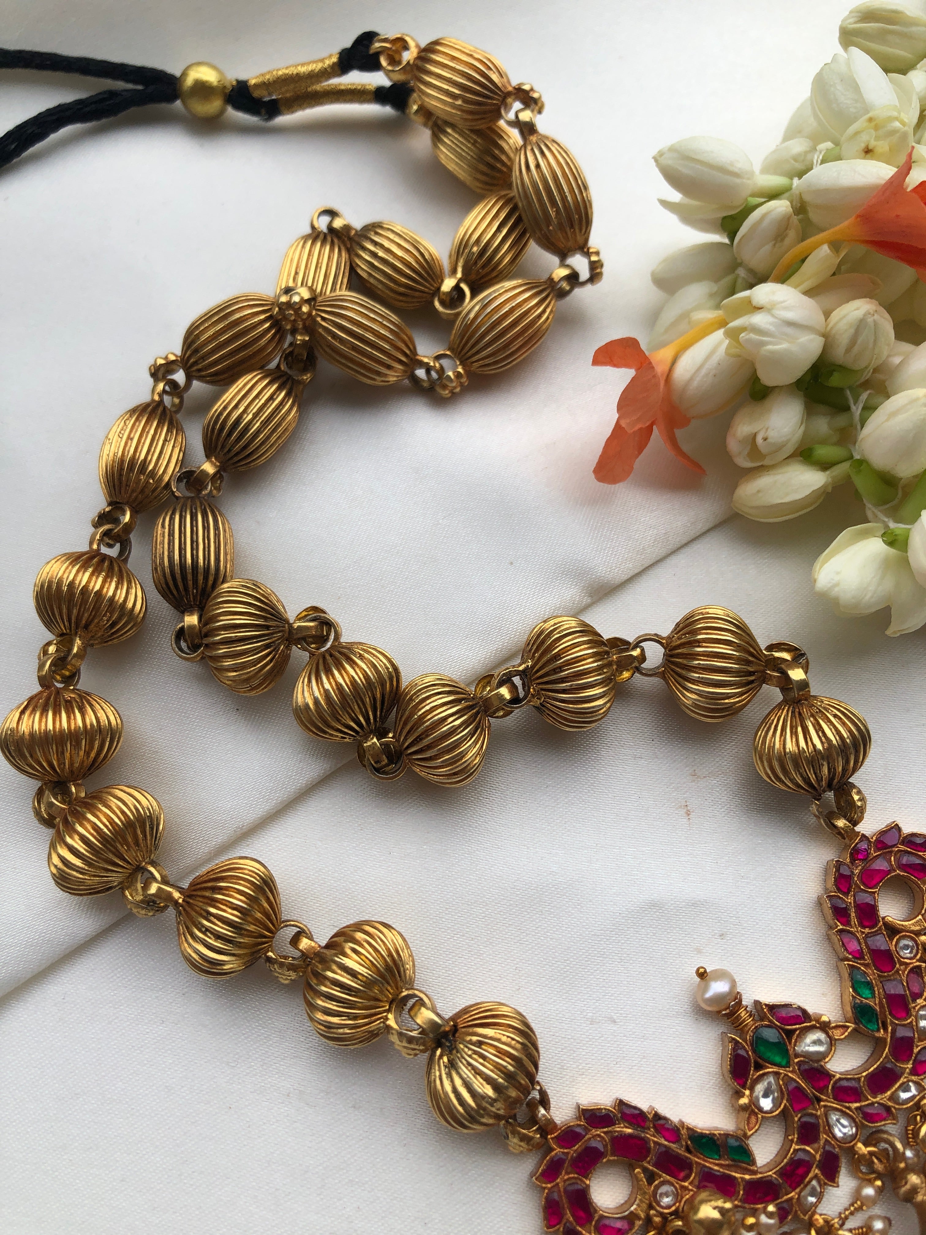 Antique style beads with kundan pendant & pearl bunch jhumka-Silver Neckpiece-PL-House of Taamara
