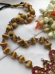 Antique style beads with kundan pendant & pearl bunch jhumka-Silver Neckpiece-PL-House of Taamara