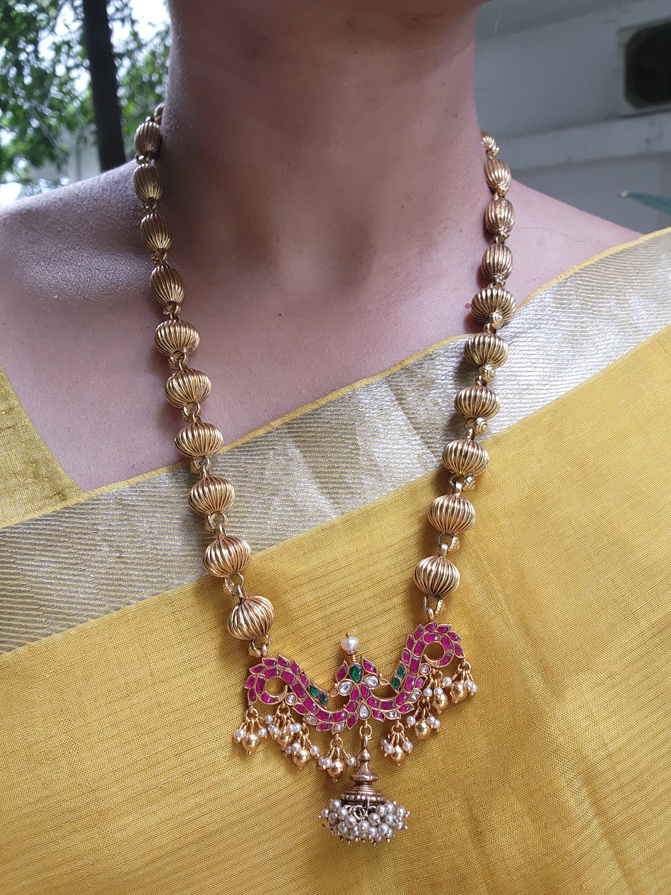 Antique style beads with kundan pendant & pearl bunch jhumka-Silver Neckpiece-PL-House of Taamara