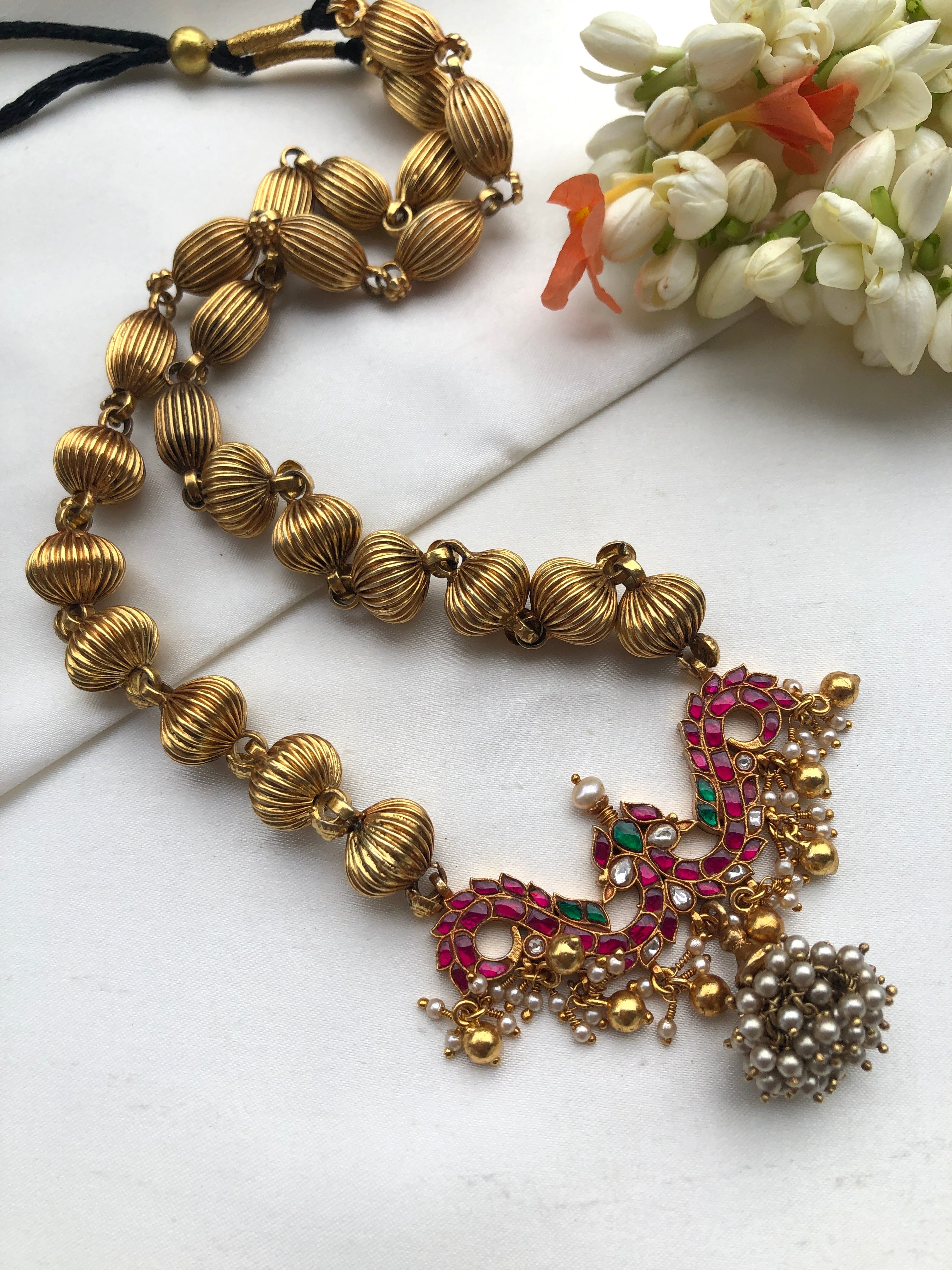 Antique style beads with kundan pendant & pearl bunch jhumka-Silver Neckpiece-PL-House of Taamara