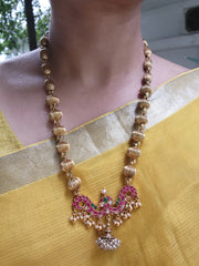 Antique style beads with kundan pendant & pearl bunch jhumka-Silver Neckpiece-PL-House of Taamara