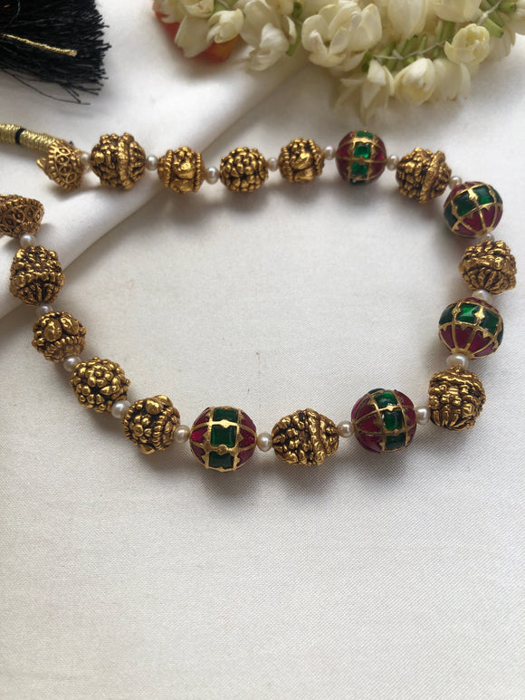 Antique style beads with kundan round beads necklace-Silver Neckpiece-PL-House of Taamara