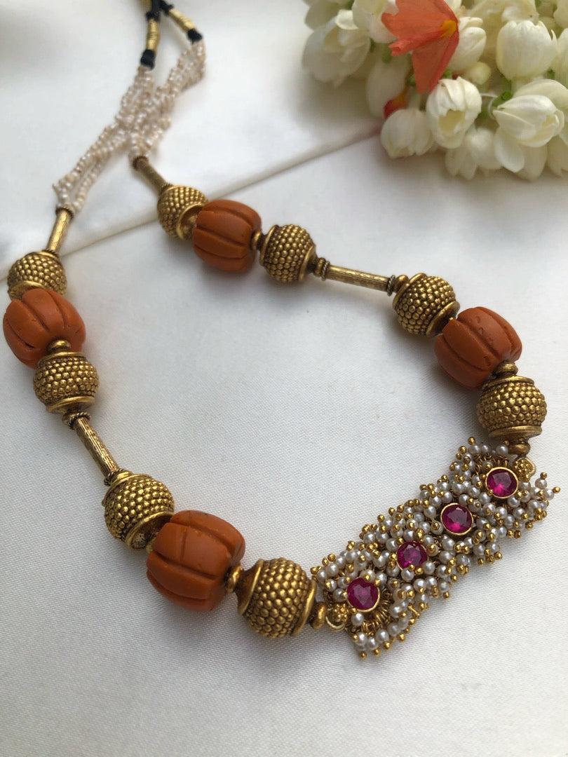 Antique style beads with ribbed coral with pearls bunch ruby pendant-Silver Neckpiece-PL-House of Taamara