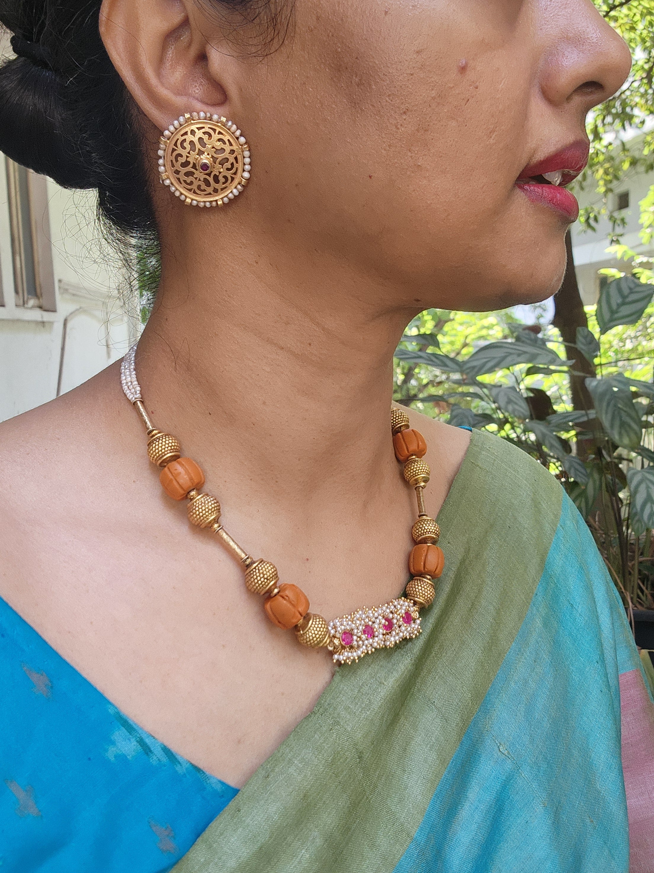 Antique style beads with ribbed coral with pearls bunch ruby pendant-Silver Neckpiece-PL-House of Taamara