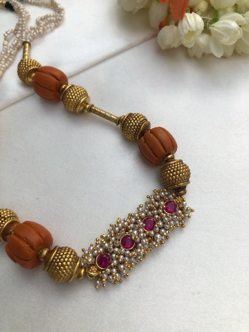Antique style beads with ribbed coral with pearls bunch ruby pendant-Silver Neckpiece-PL-House of Taamara