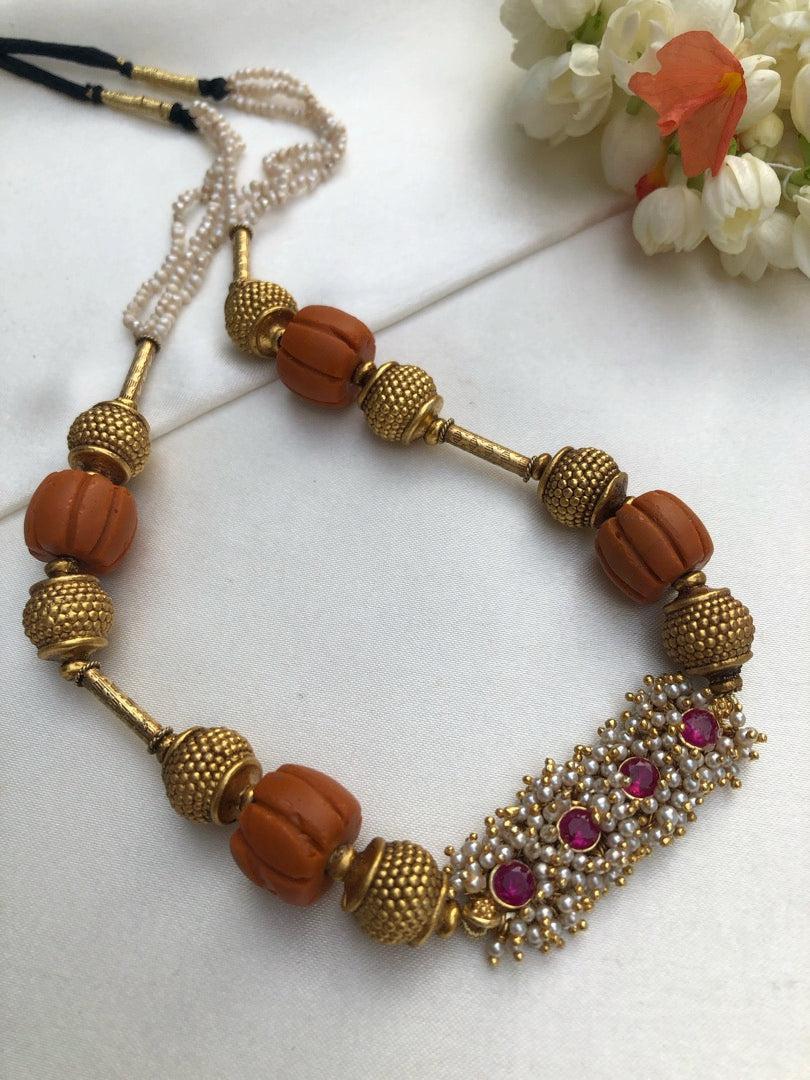 Antique style beads with ribbed coral with pearls bunch ruby pendant-Silver Neckpiece-PL-House of Taamara