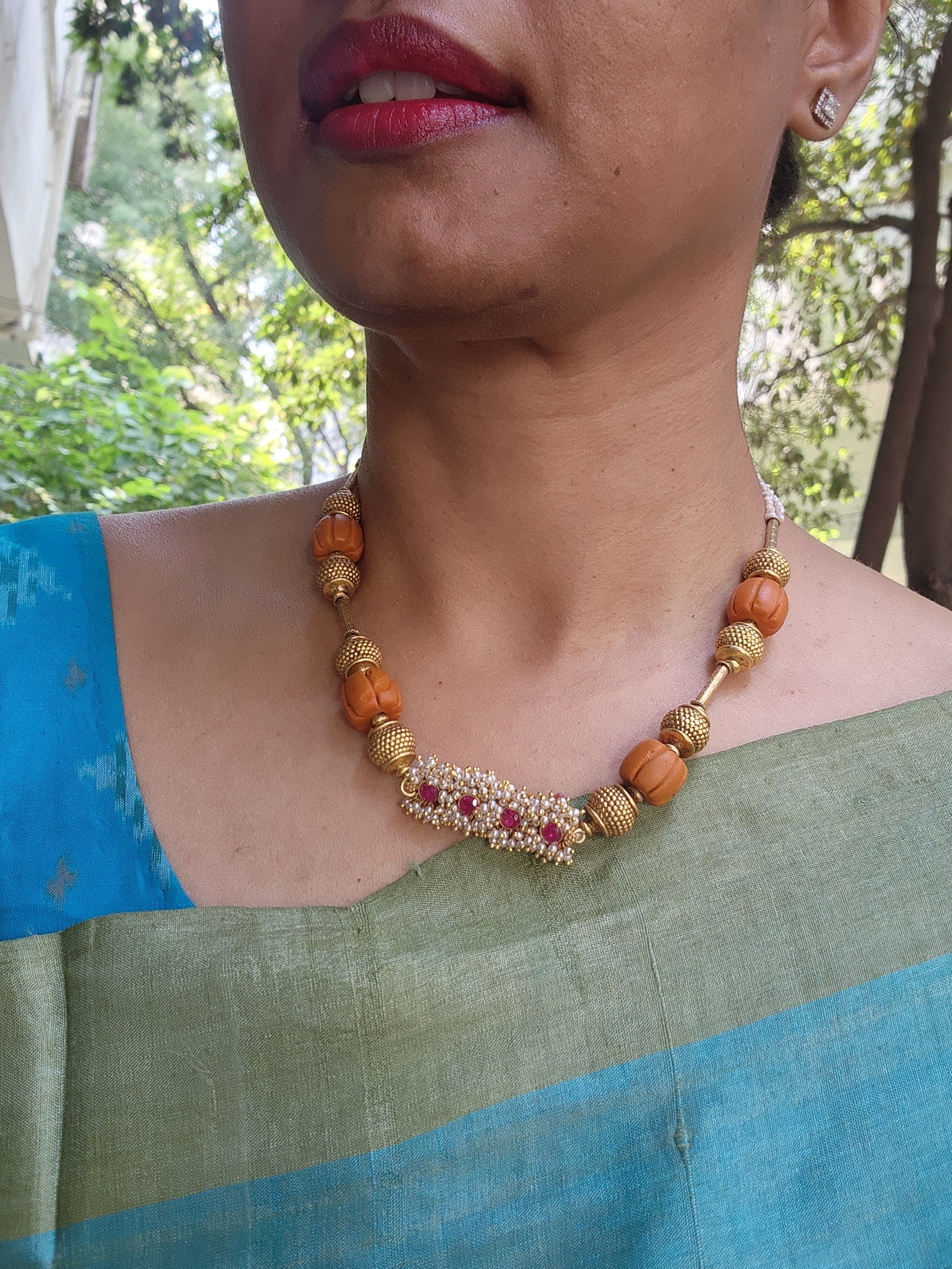 Antique style beads with ribbed coral with pearls bunch ruby pendant-Silver Neckpiece-PL-House of Taamara