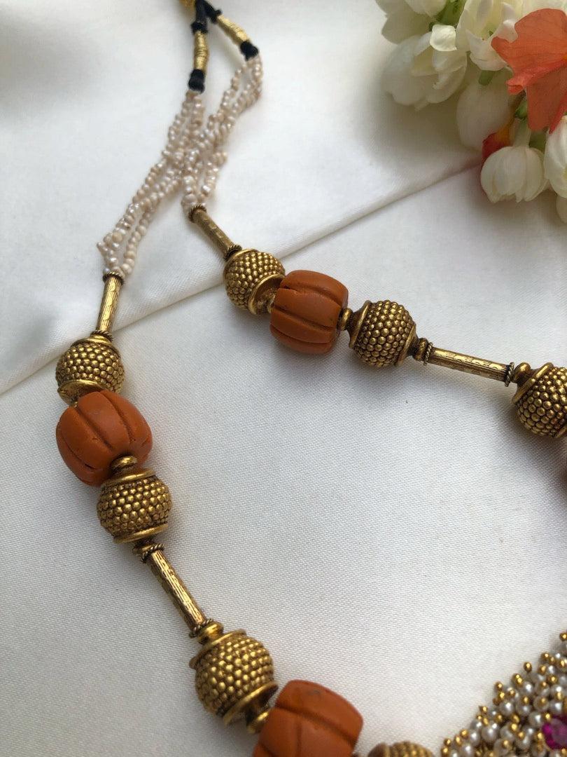 Antique style beads with ribbed coral with pearls bunch ruby pendant-Silver Neckpiece-PL-House of Taamara