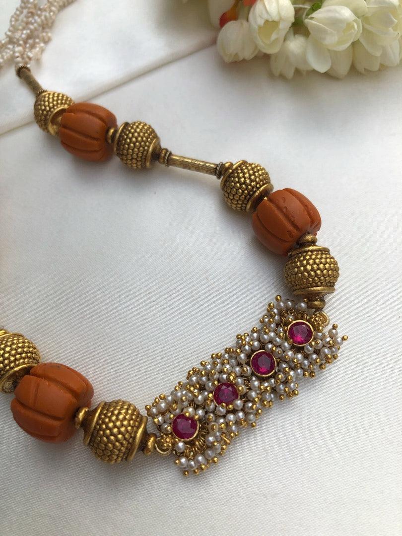 Antique style beads with ribbed coral with pearls bunch ruby pendant-Silver Neckpiece-PL-House of Taamara