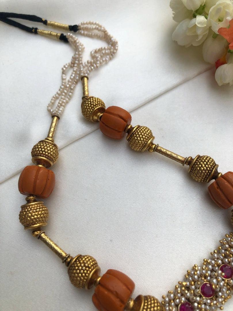 Antique style beads with ribbed coral with pearls bunch ruby pendant-Silver Neckpiece-PL-House of Taamara