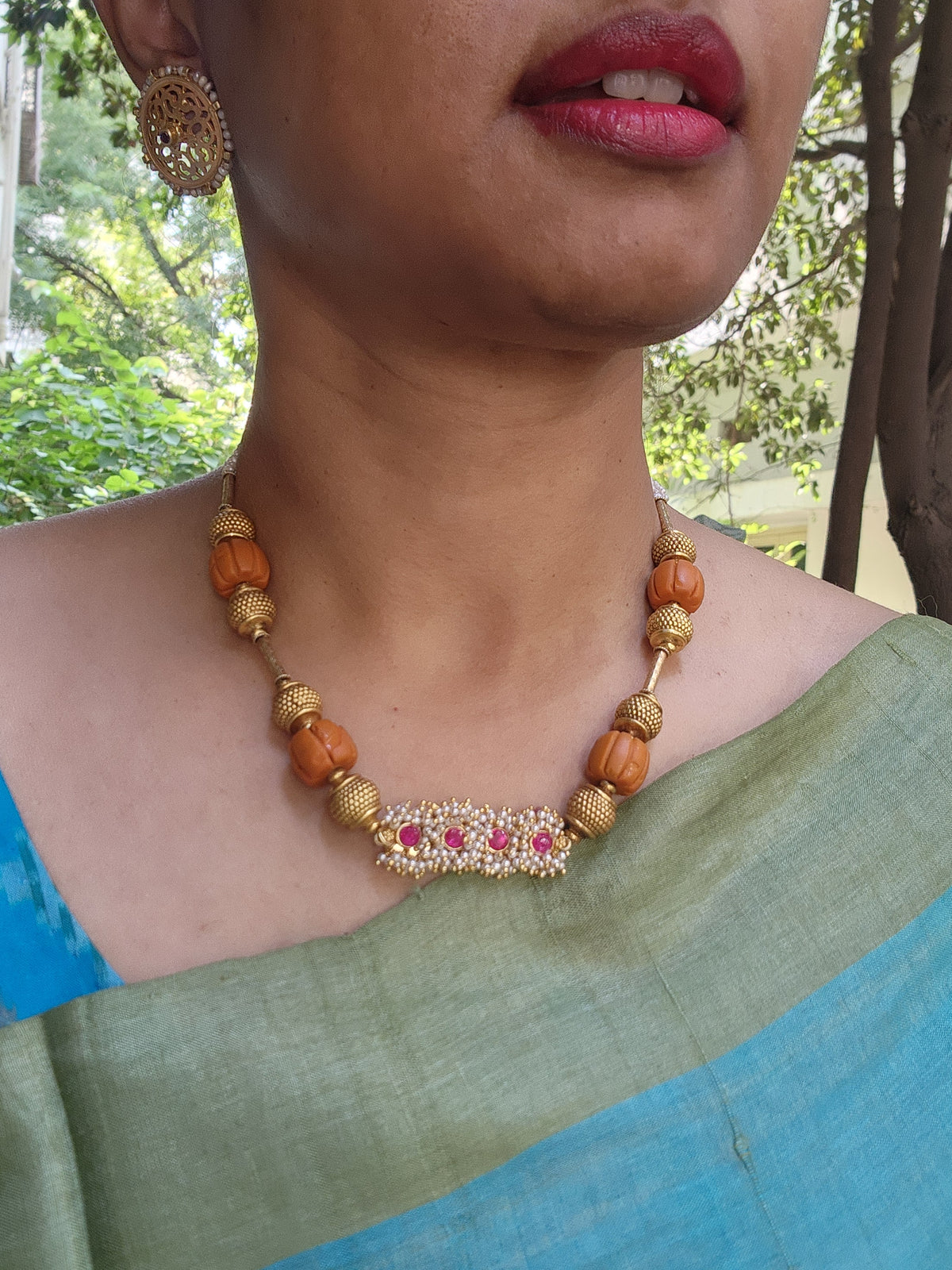 Antique style beads with ribbed coral with pearls bunch ruby pendant-Silver Neckpiece-PL-House of Taamara