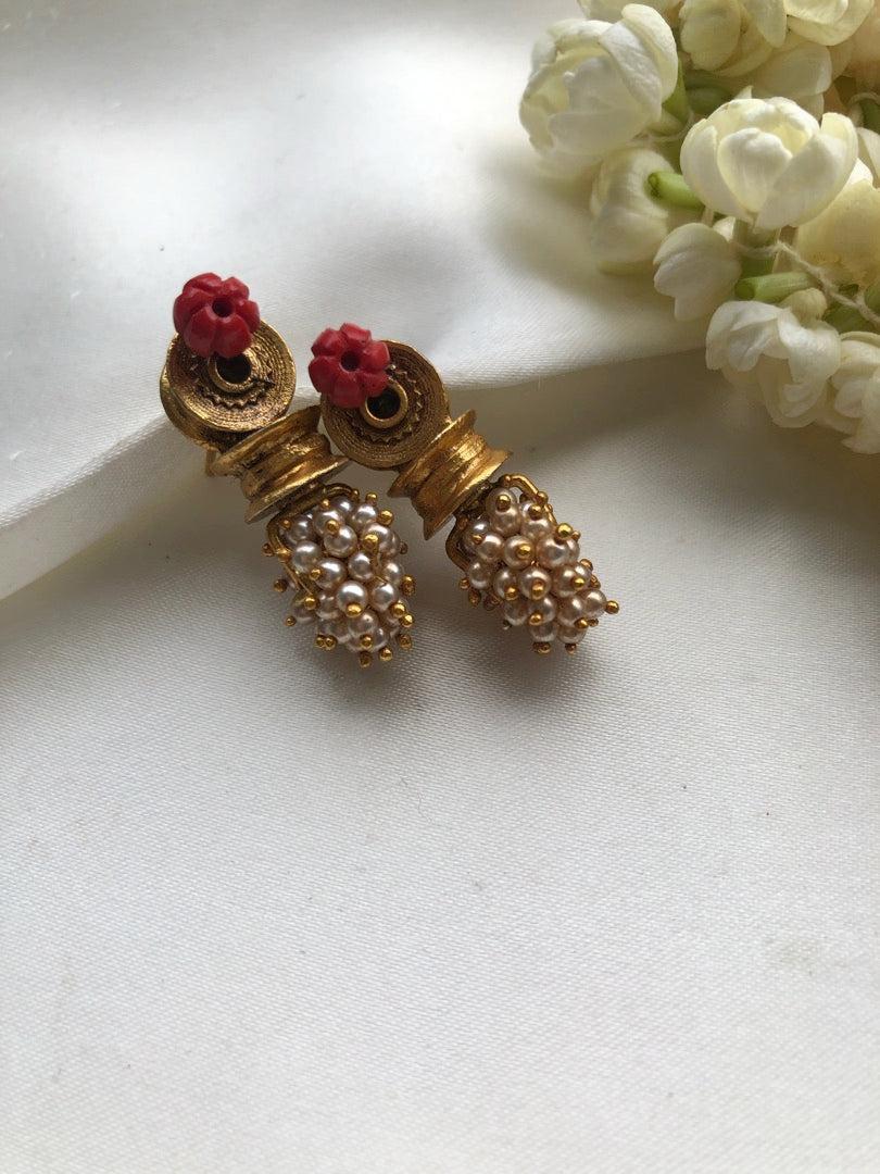 Antique style bobbin earrings with coral-Earrings-PL-House of Taamara