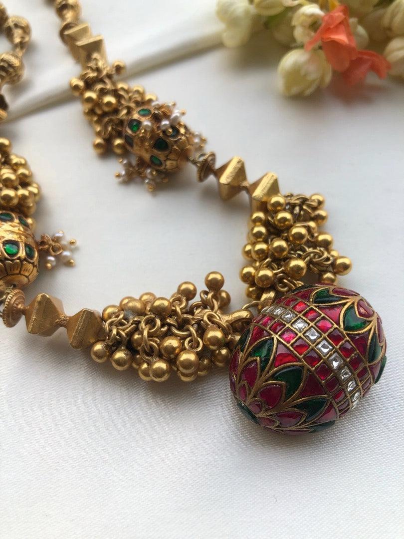 Antique style bunch gundus with ruby & green kundan pendant-Silver Neckpiece-pl-House of Taamara
