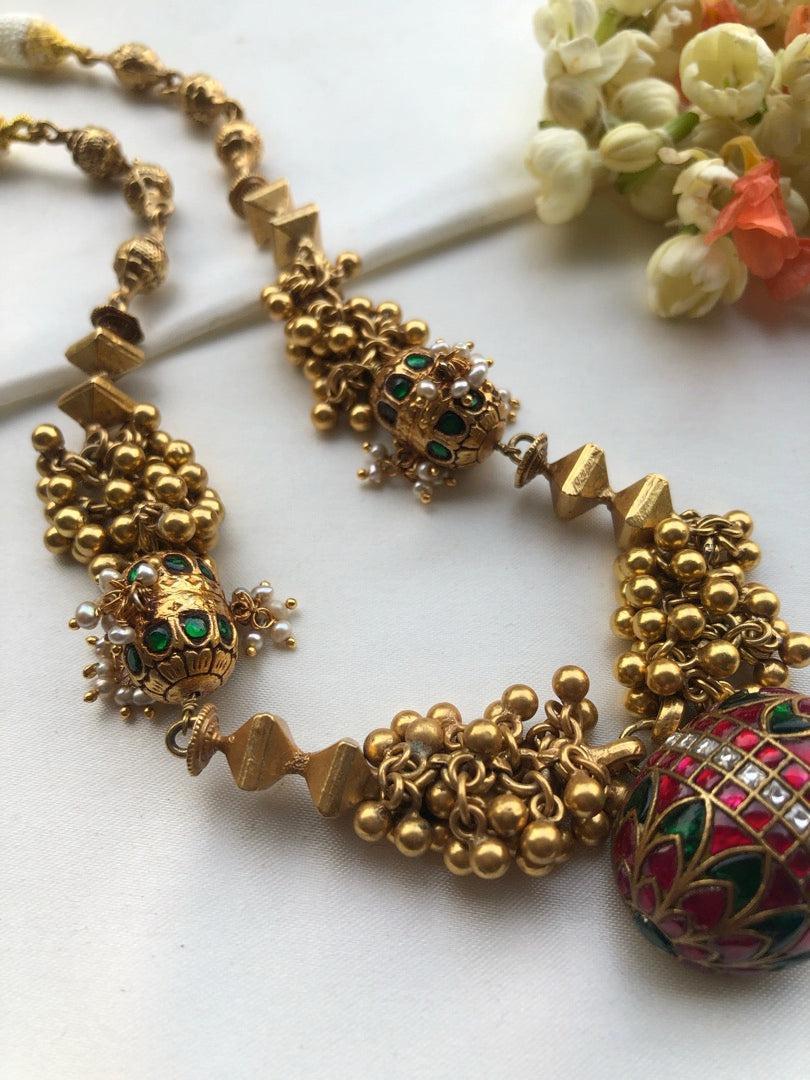 Antique style bunch gundus with ruby & green kundan pendant-Silver Neckpiece-pl-House of Taamara