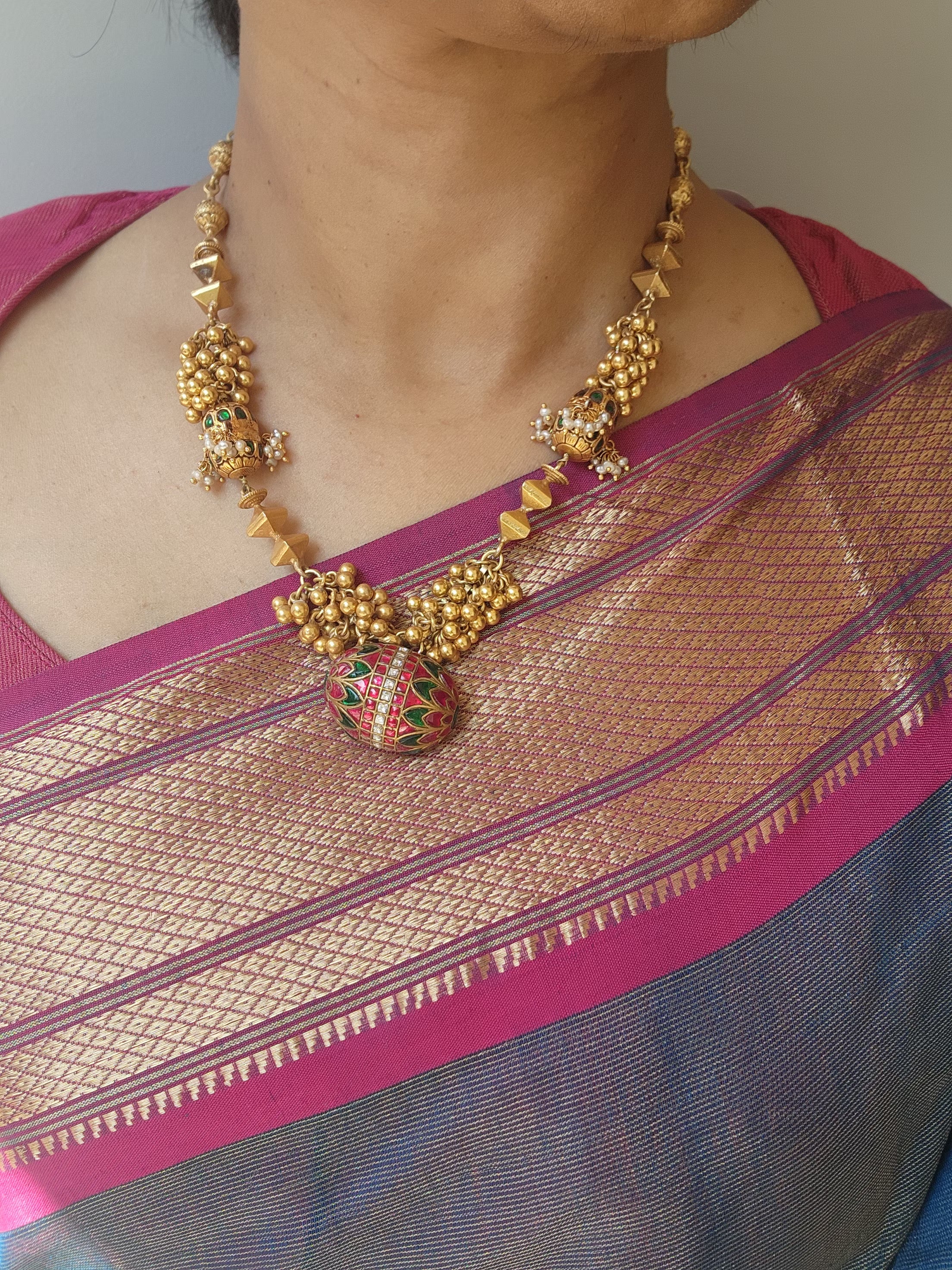 Antique style bunch gundus with ruby & green kundan pendant-Silver Neckpiece-pl-House of Taamara