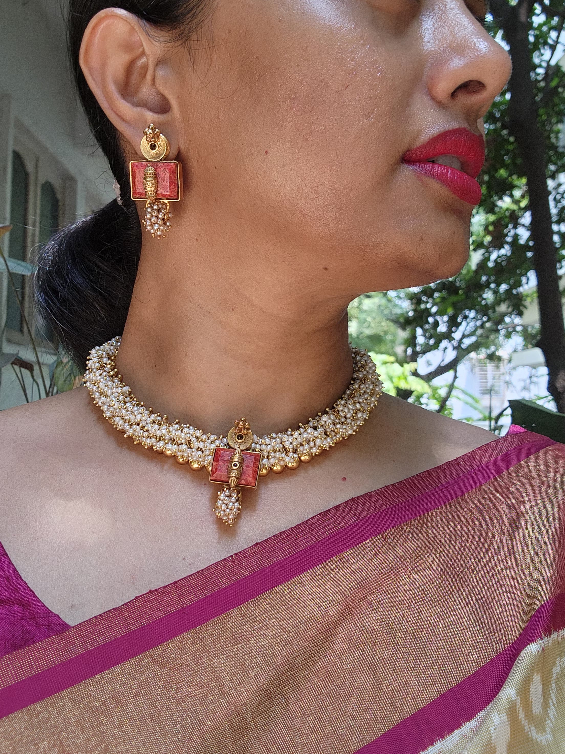 Antique style bunch pearls necklace with coral pendant-Silver Neckpiece-pl-House of Taamara