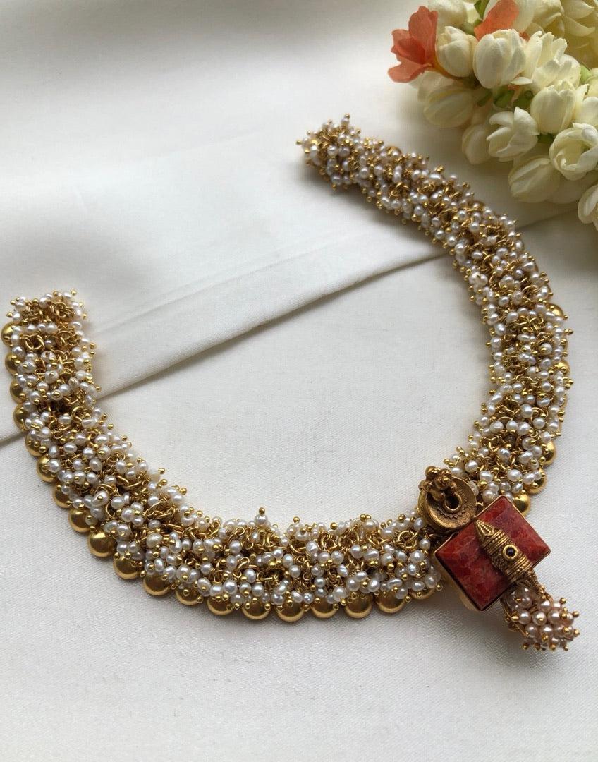 Antique style bunch pearls necklace with coral pendant-Silver Neckpiece-pl-House of Taamara
