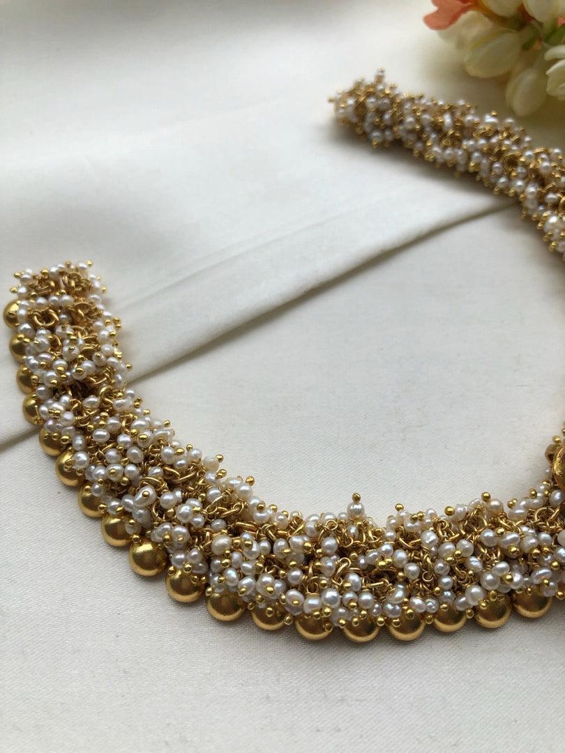 Antique style bunch pearls necklace with coral pendant-Silver Neckpiece-pl-House of Taamara