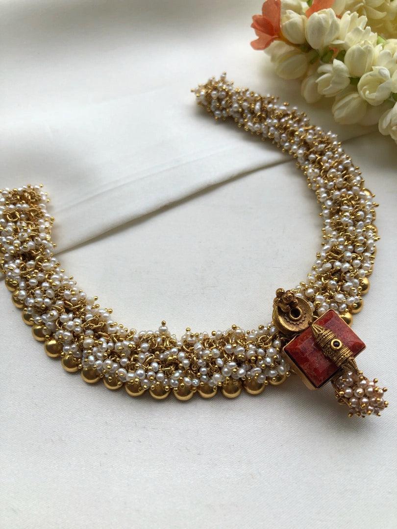 Antique style bunch pearls necklace with coral pendant-Silver Neckpiece-pl-House of Taamara