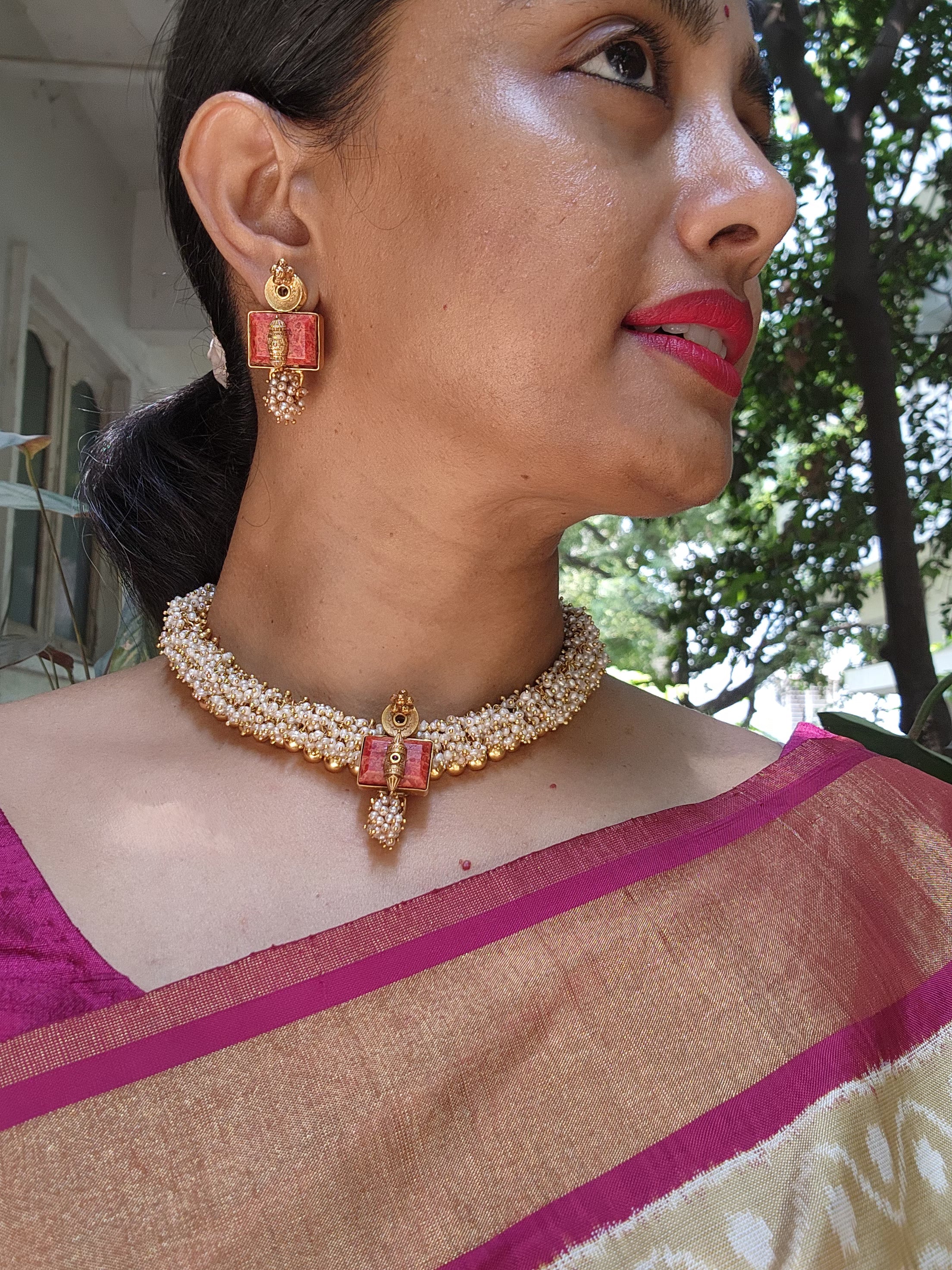 Antique style bunch pearls necklace with coral pendant-Silver Neckpiece-pl-House of Taamara