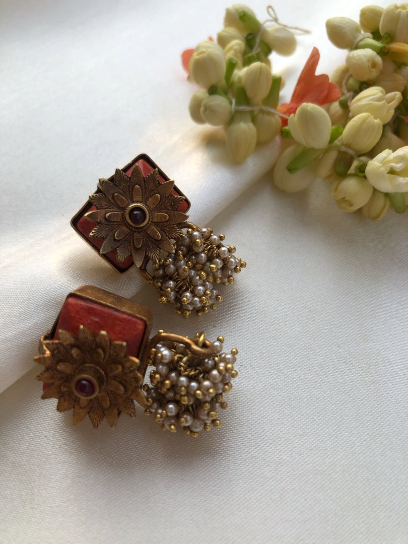 Antique style coral flower with pearls bunch earrings-Earrings-PL-House of Taamara