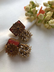 Antique style coral flower with pearls bunch earrings-Earrings-PL-House of Taamara