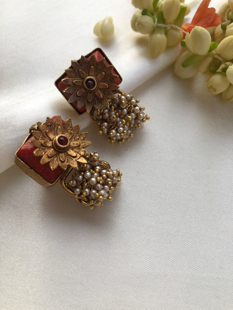 Antique style coral flower with pearls bunch earrings-Earrings-PL-House of Taamara