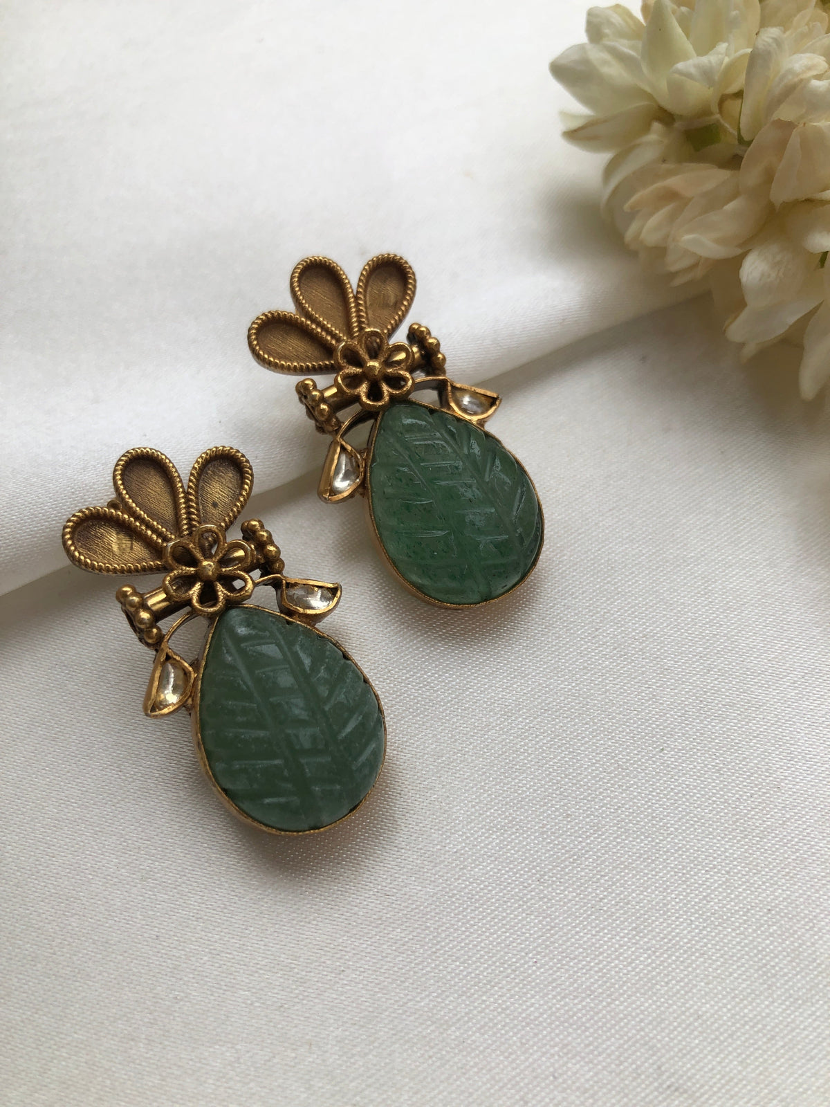 Antique style earrings with carved green stone-Earrings-PL-House of Taamara