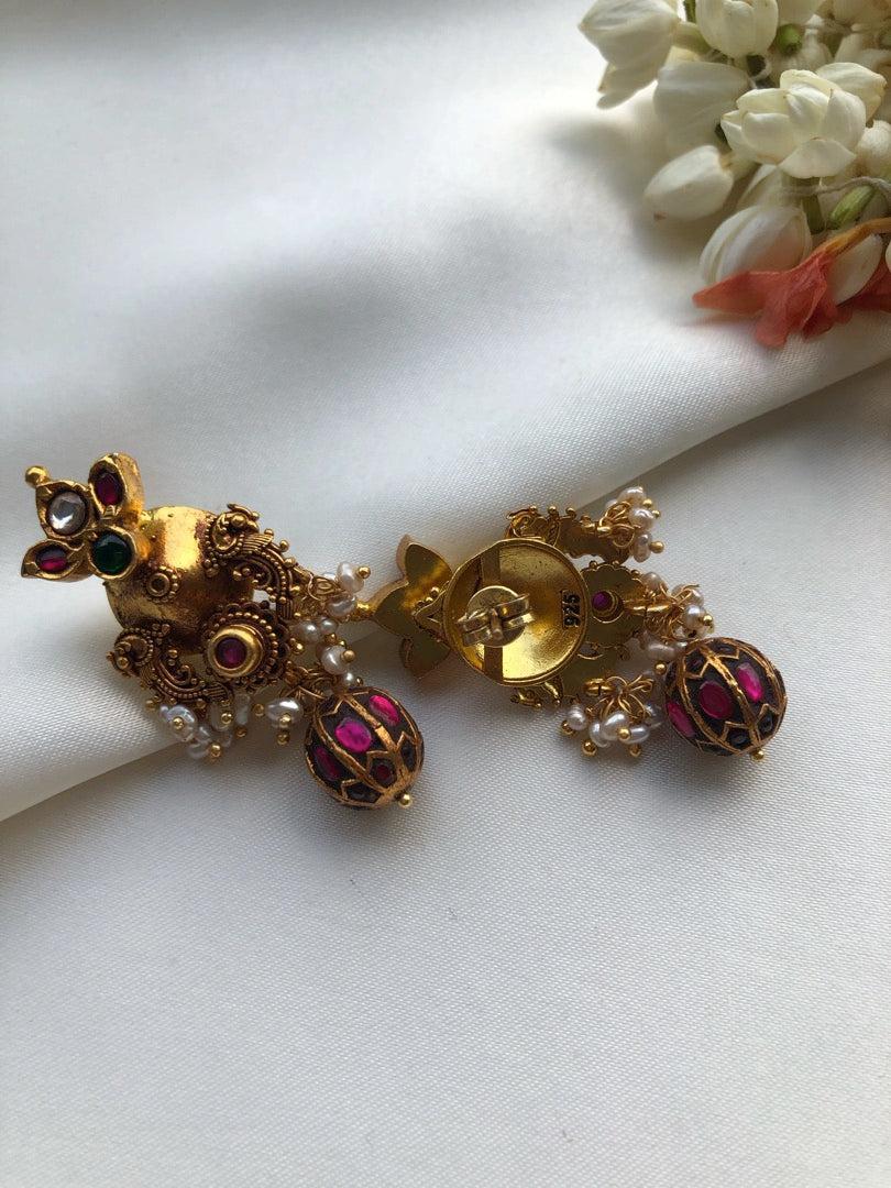 Antique style earrings with green & ruby kundan bead-Earrings-PL-House of Taamara