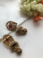 Antique style earrings with jhumka and ruby bead-Earrings-PL-House of Taamara