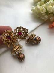 Antique style earrings with jhumka and ruby bead-Earrings-PL-House of Taamara