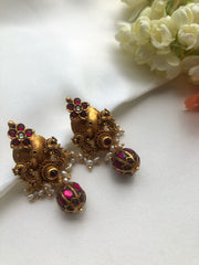 Antique style earrings with kundan ruby beads-Earrings-PL-House of Taamara