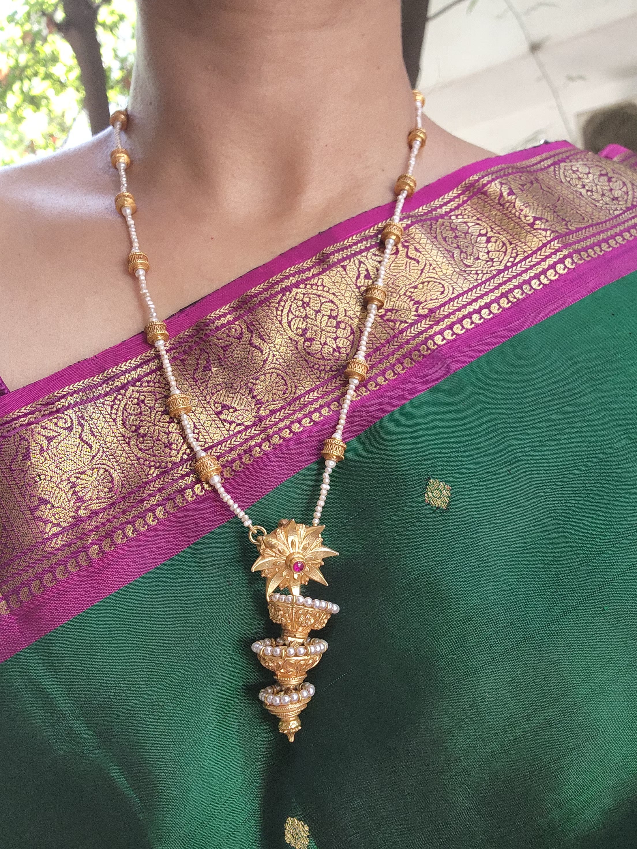 Antique style flower jhumka pendant with pearls chain-Silver Neckpiece-PL-House of Taamara