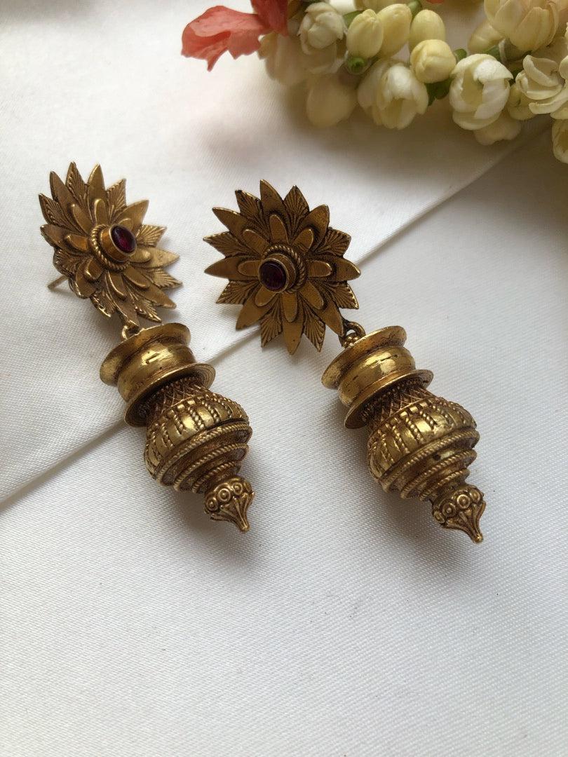 Antique style flower with gundu bead earrings-Earrings-PL-House of Taamara