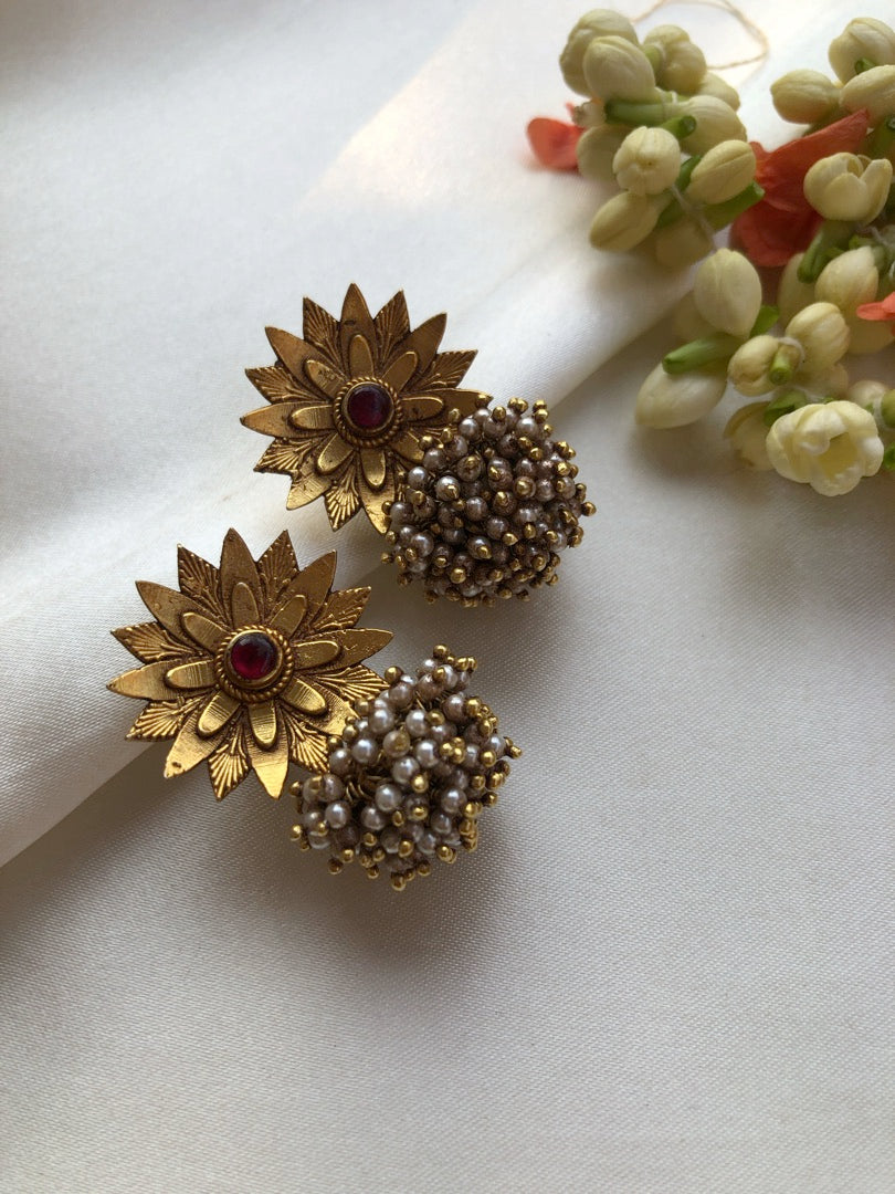 Antique style flower with pearls bunch earrings-Earrings-PL-House of Taamara