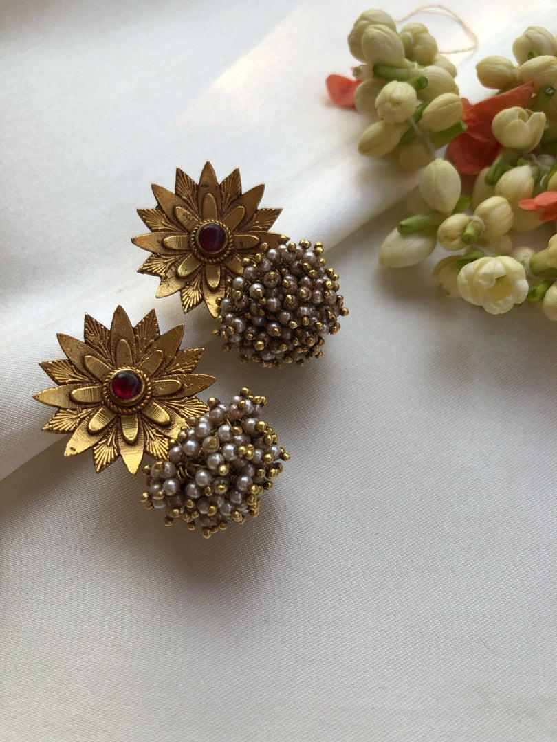 Antique style flower with pearls bunch earrings-Earrings-PL-House of Taamara