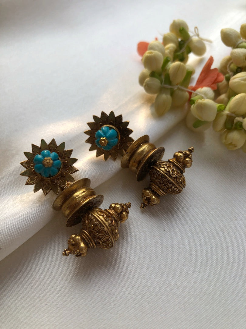 Antique style flower with turquoise bead earrings-Earrings-PL-House of Taamara