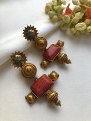 Antique style flowere turquoise bead & coral stone earrings-Earrings-PL-House of Taamara