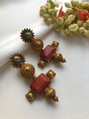 Antique style flowere turquoise bead & coral stone earrings-Earrings-PL-House of Taamara