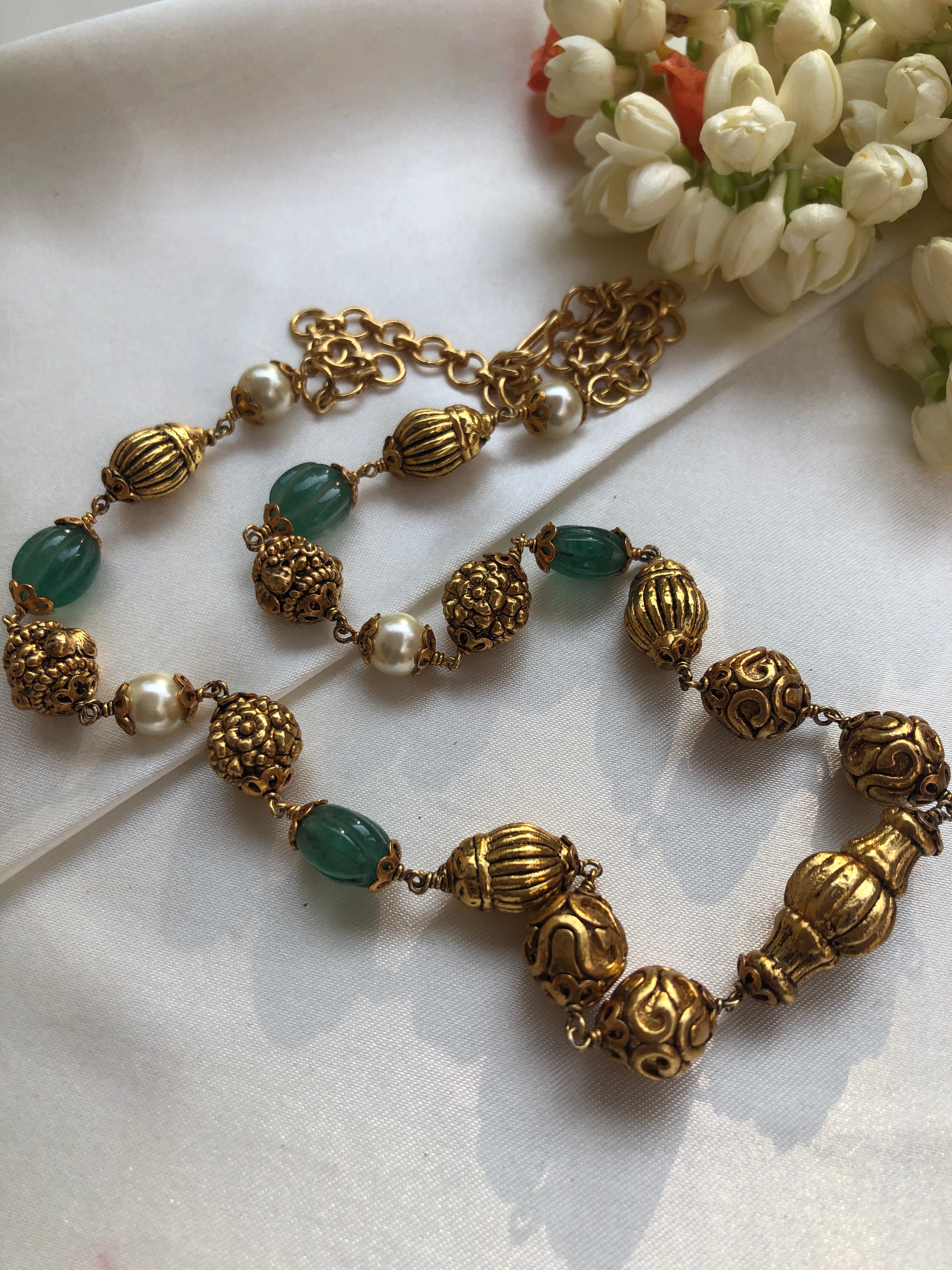 Antique style gold & green beads with pearls chain-Silver Neckpiece-PL-House of Taamara