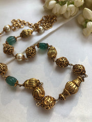 Antique style gold & green beads with pearls chain-Silver Neckpiece-PL-House of Taamara