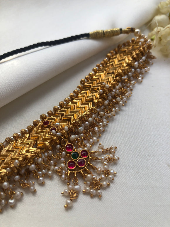 Antique style gold necklace with pearls bunch & kundan pendant-Silver Neckpiece-PL-House of Taamara