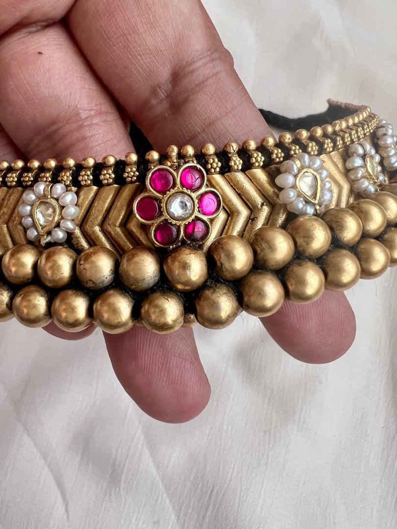 Antique style gold polish black thread thussi with kundan and ruby motifs-Silver Neckpiece-CI-House of Taamara