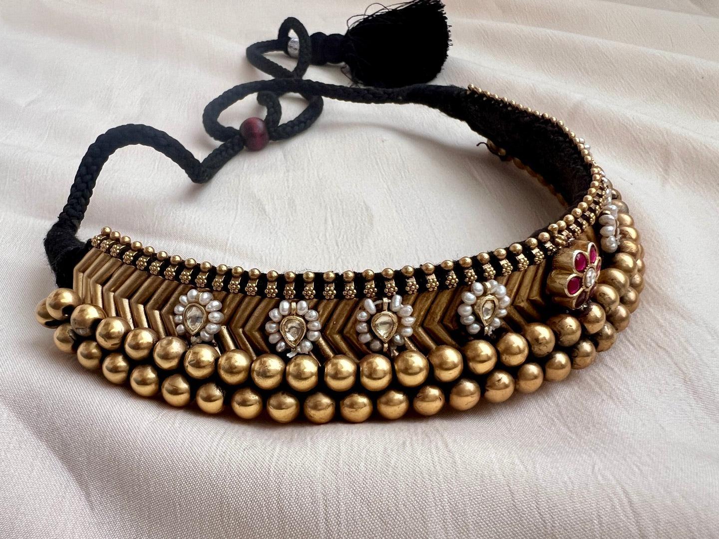 Antique style gold polish black thread thussi with kundan and ruby motifs-Silver Neckpiece-CI-House of Taamara