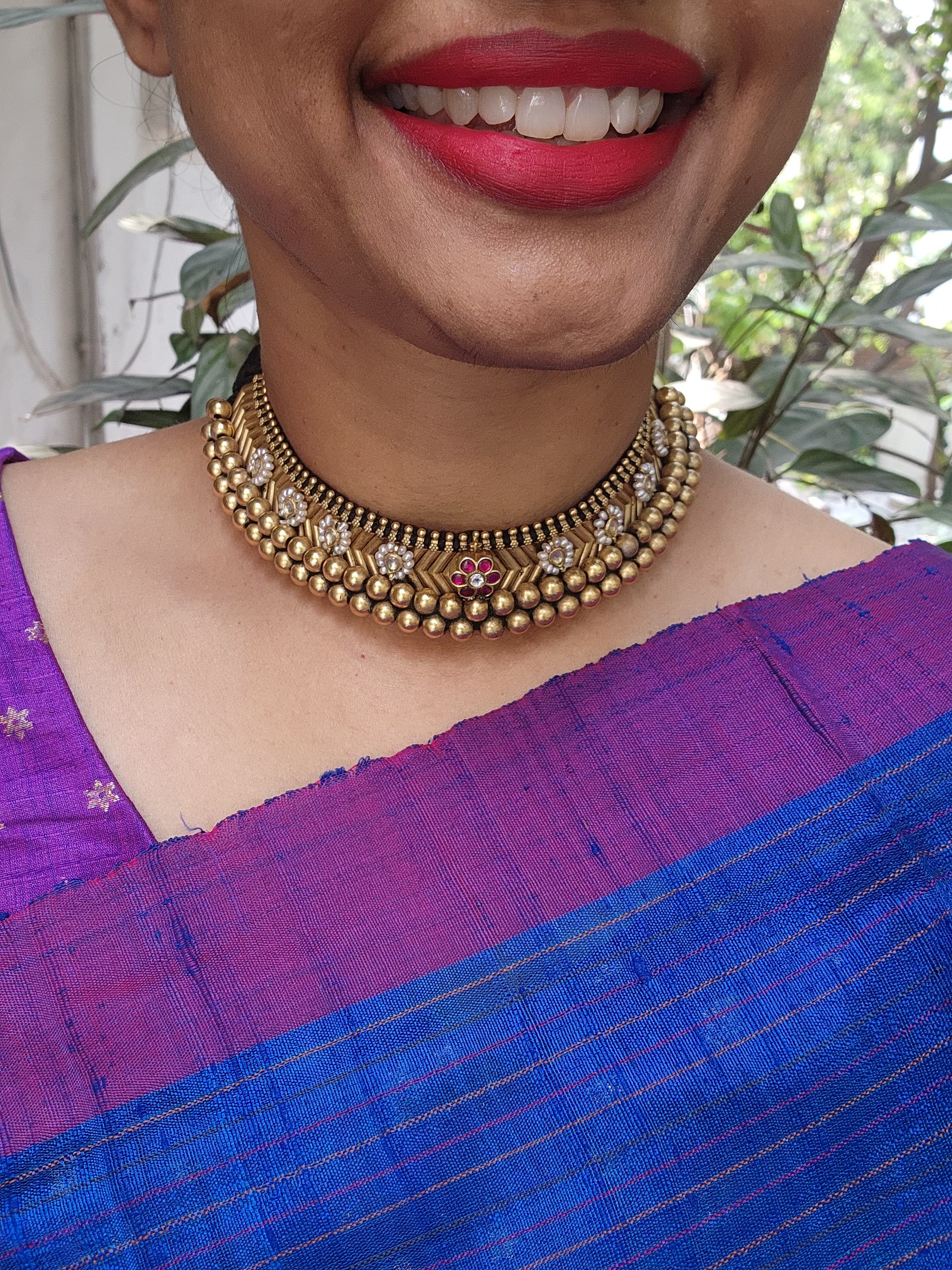Antique style gold polish black thread thussi with kundan and ruby motifs-Silver Neckpiece-CI-House of Taamara