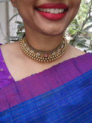 Antique style gold polish black thread thussi with kundan and ruby motifs-Silver Neckpiece-CI-House of Taamara