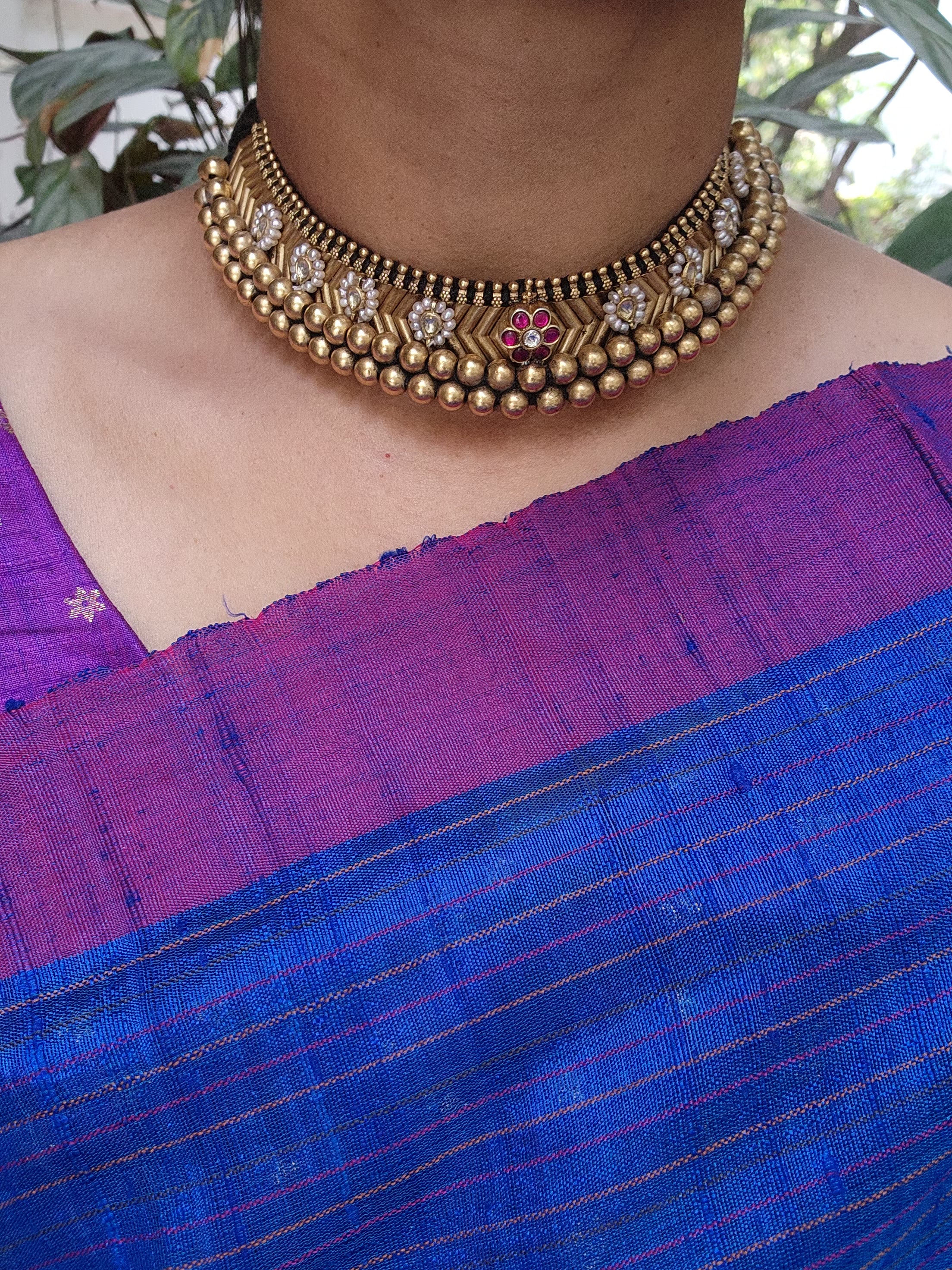 Antique style gold polish black thread thussi with kundan and ruby motifs-Silver Neckpiece-CI-House of Taamara