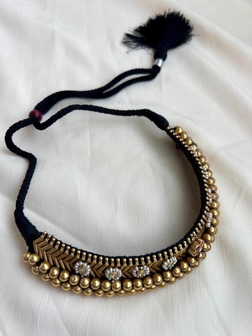 Antique style gold polish black thread thussi with kundan and ruby motifs-Silver Neckpiece-CI-House of Taamara
