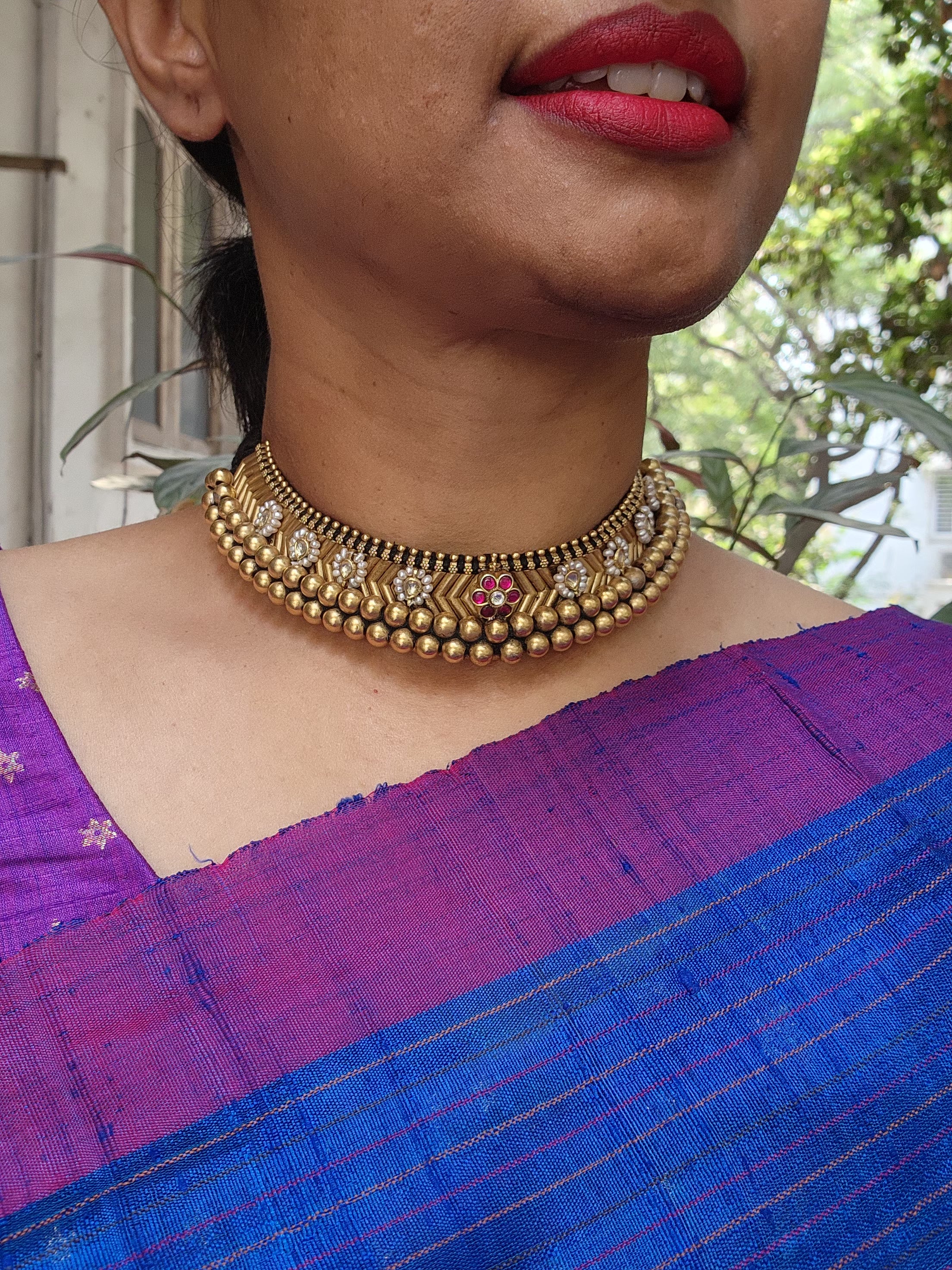 Antique style gold polish black thread thussi with kundan and ruby motifs-Silver Neckpiece-CI-House of Taamara