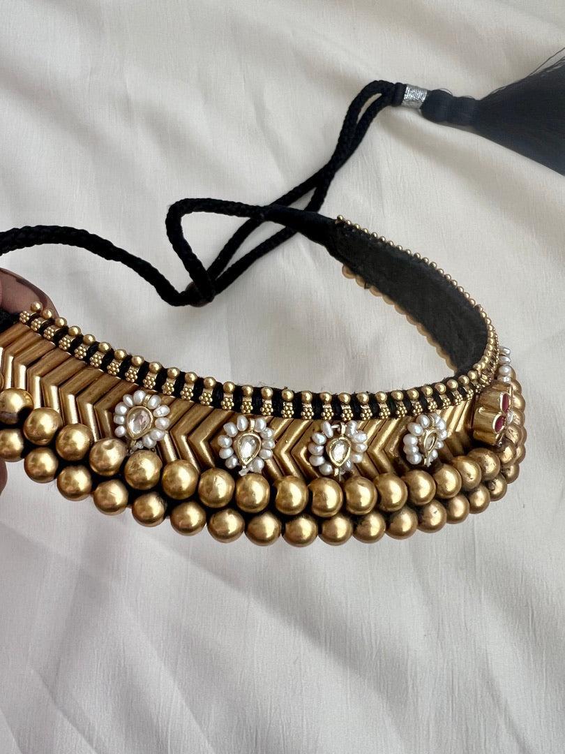 Antique style gold polish black thread thussi with kundan and ruby motifs-Silver Neckpiece-CI-House of Taamara